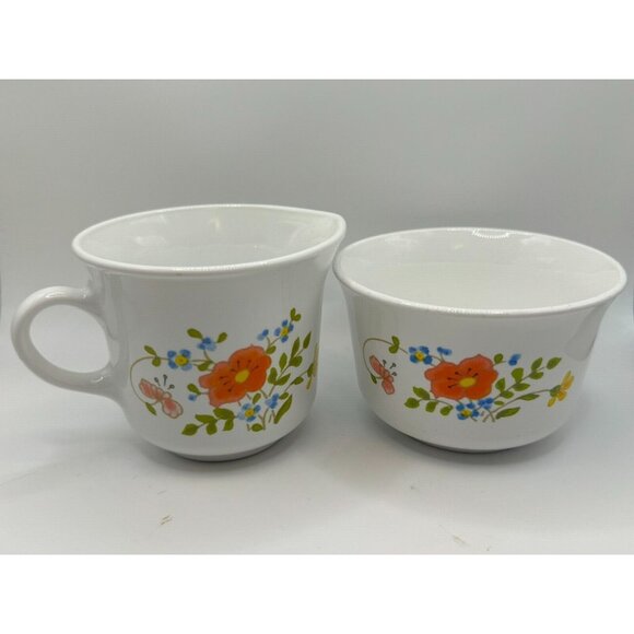 Corning Corelle Wildflower Cream and Sugar Bowl Set Orange Vintage No Lid 70s - Picture 1 of 3